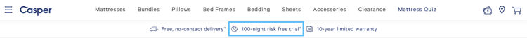 Casper 100-night risk-free homepage badge.