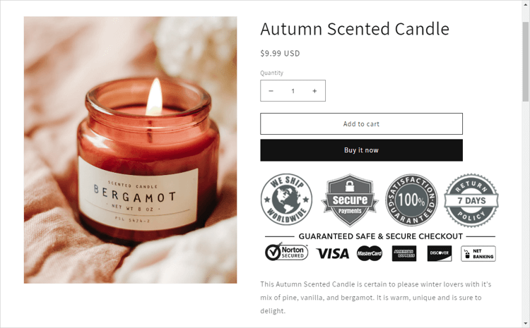 Product page showing trust badges.