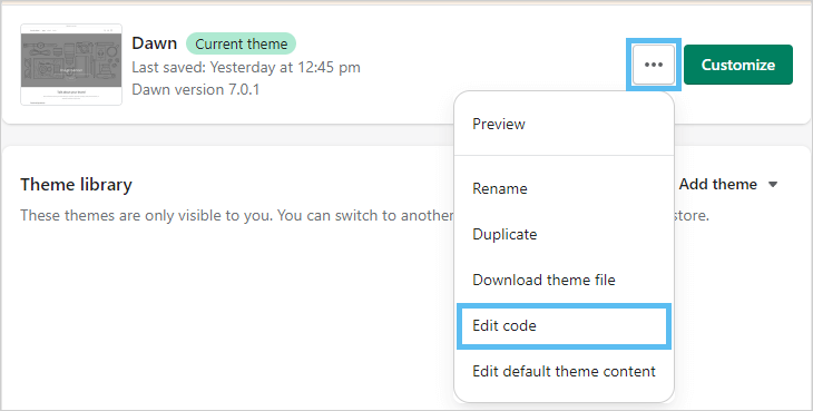 Edit theme code action.
